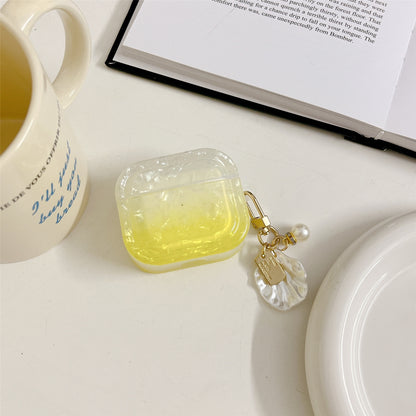 For Apple AirPods 3 Full Protective Cover Gradient Shell Grain Earphone Square TPU Case with Shell Shape Pendant