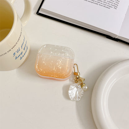 For Apple AirPods 3 Full Protective Cover Gradient Shell Grain Earphone Square TPU Case with Shell Shape Pendant