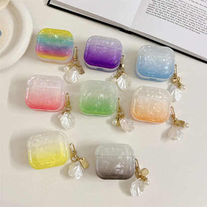 For Apple AirPods 3 Full Protective Cover Gradient Shell Grain Earphone Square TPU Case with Shell Shape Pendant