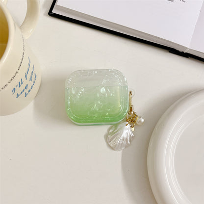 For Apple AirPods 3 Full Protective Cover Gradient Shell Grain Earphone Square TPU Case with Shell Shape Pendant