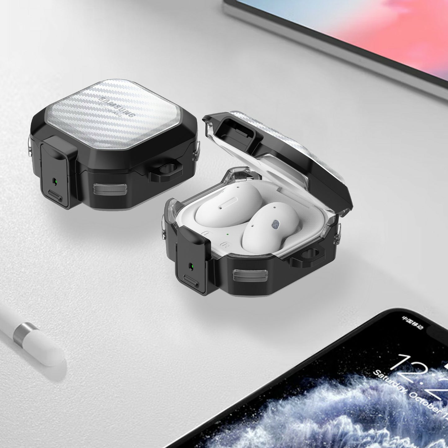 Earphone Case for Samsung Galaxy Buds Live / Buds2 / Buds Pro / Buds2 Pro , Carbon Fiber PC+TPU Earbud Cover with Lock