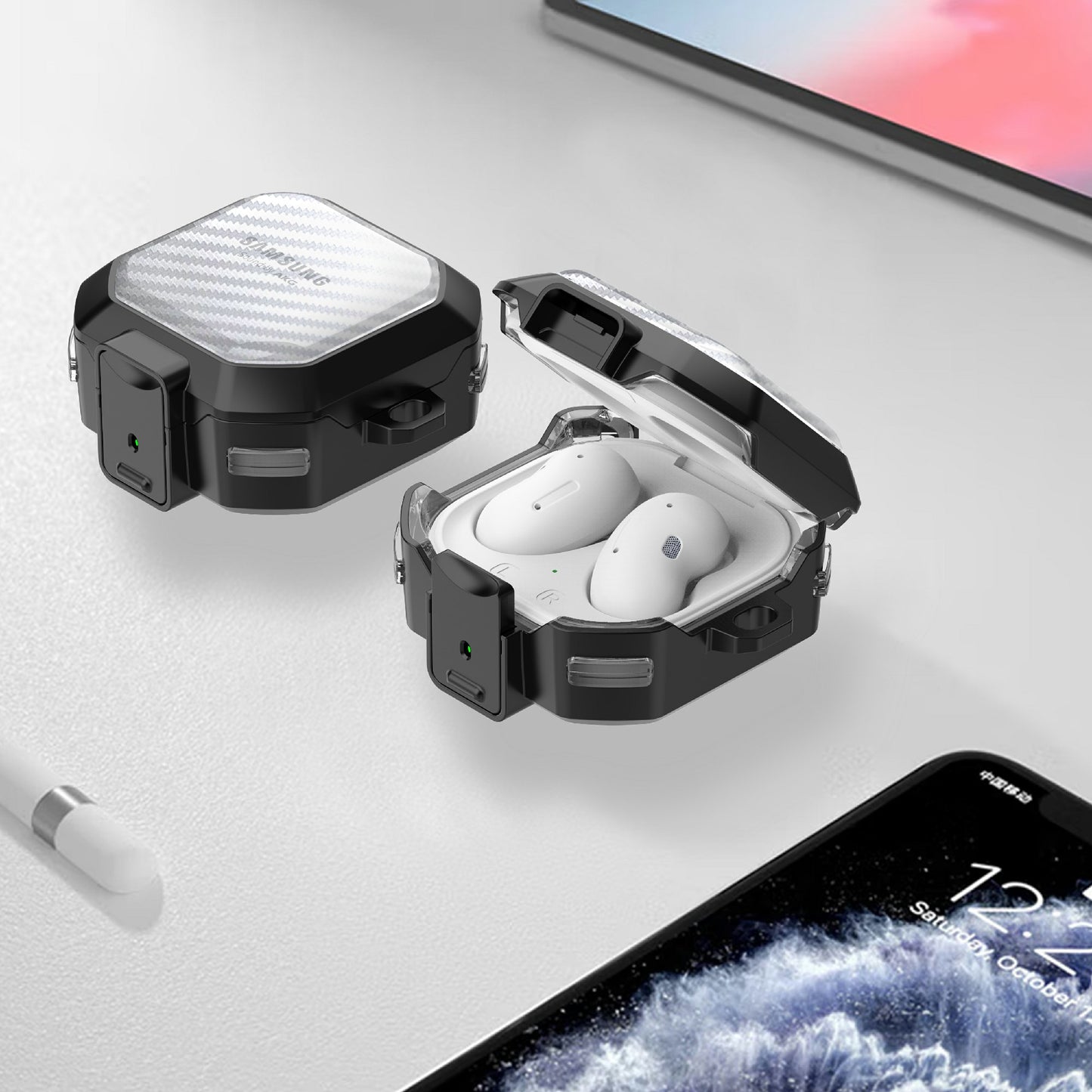 Earphone Case for Samsung Galaxy Buds Live / Buds2 / Buds Pro / Buds2 Pro , Carbon Fiber PC+TPU Earbud Cover with Lock
