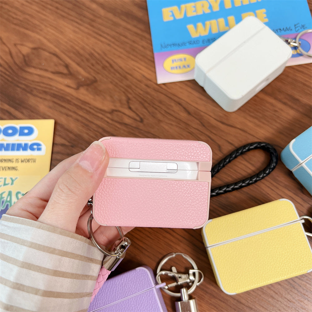 For Apple AirPods Pro Charging Case Cover Litchi Texture PU+TPU Protective Headset Case with Strap