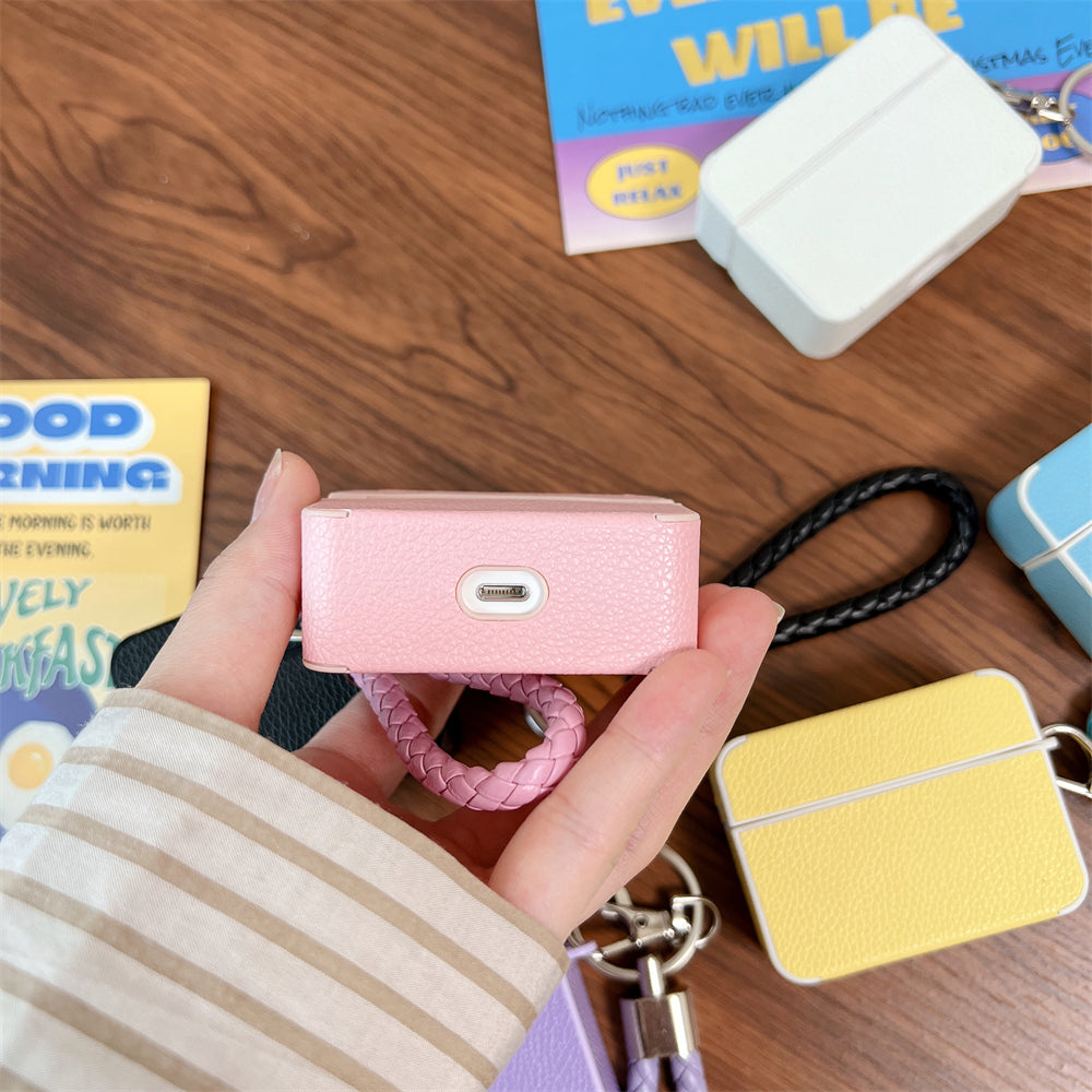 For Apple AirPods Pro Charging Case Cover Litchi Texture PU+TPU Protective Headset Case with Strap