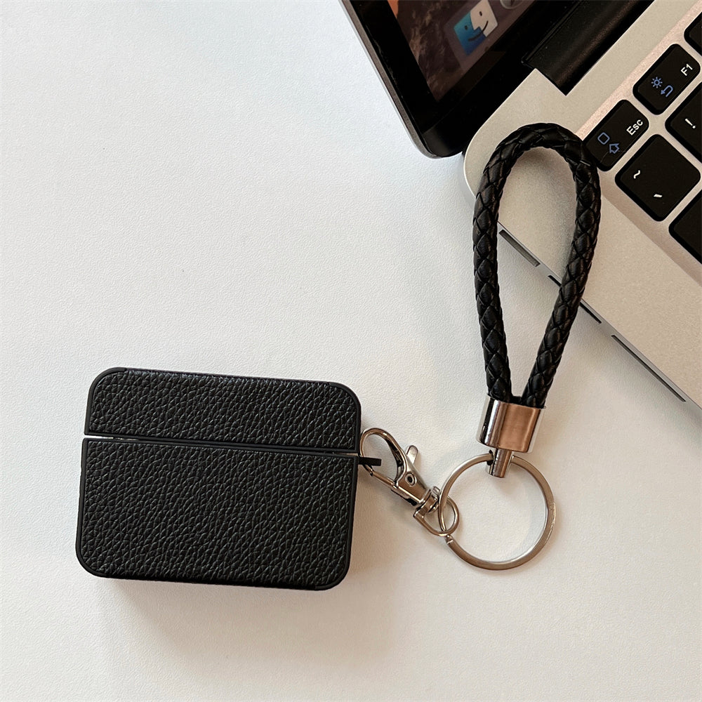 For Apple AirPods Pro Charging Case Cover Litchi Texture PU+TPU Protective Headset Case with Strap