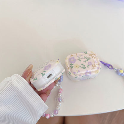 For Apple AirPods Pro Bluetooth Earphone Case IMD Purple Flower Earbud TPU Cover with Wrist Chain