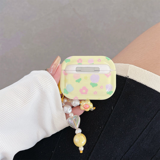 For Apple AirPods Pro Earphone Case Flower Pattern IMD Bluetooth Earbud TPU Cover with Pendant