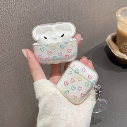 For AirPods Pro 2 Glitter TPU Earphone Case Heart Pattern Printed One-Piece Protective Cover with Pendant