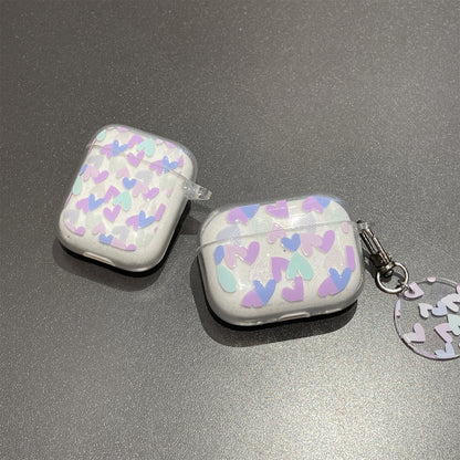 For AirPods Pro 2 Glitter TPU Earphone Case Heart Pattern Printed One-Piece Protective Cover with Pendant