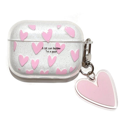 For AirPods Pro 2 Glitter TPU Earphone Case Heart Pattern Printed One-Piece Protective Cover with Pendant