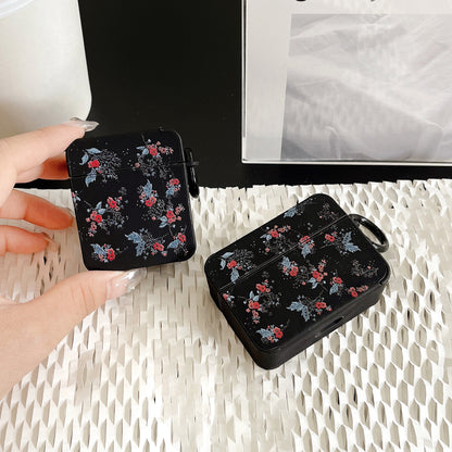 Flower Pattern Earphone Case for Apple AirPods 3 , Bluetooth Earbud Leather Coated TPU Cover with Ring Buckle