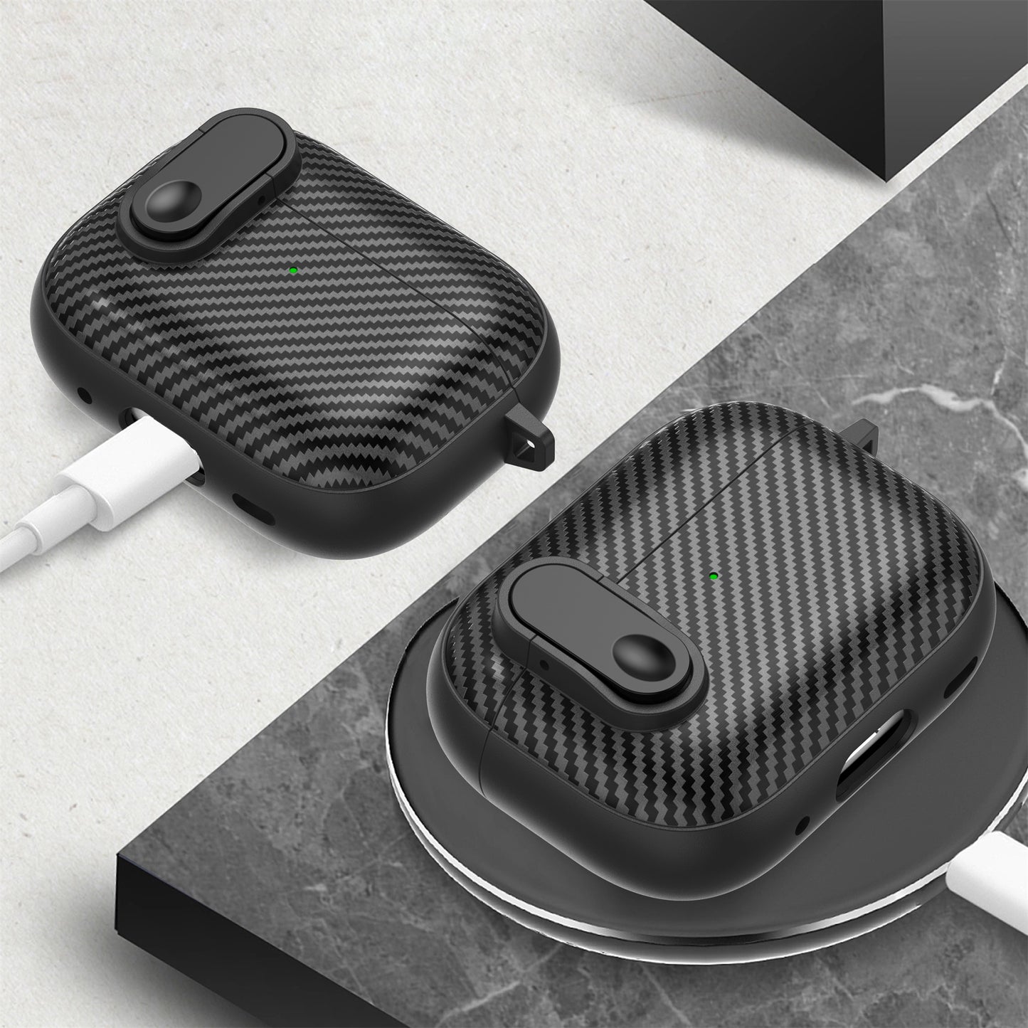 For Apple AirPods Pro Wireless Earbuds Case Carbon Fiber TPU+PC Colorful Buckle Cover with Keychain