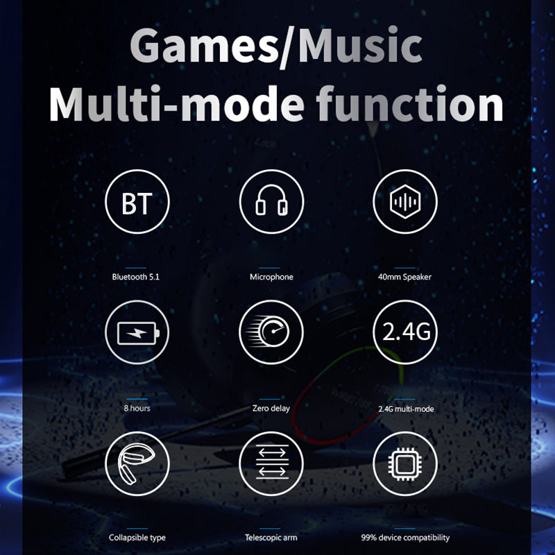 L800 2.4G Wireless / Bluetooth 5.1 Over-ear Headset LED Light Low Latency E-sports Gaming Headphone