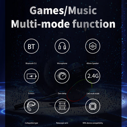 L800 2.4G Wireless / Bluetooth 5.1 Over-ear Headset LED Light Low Latency E-sports Gaming Headphone
