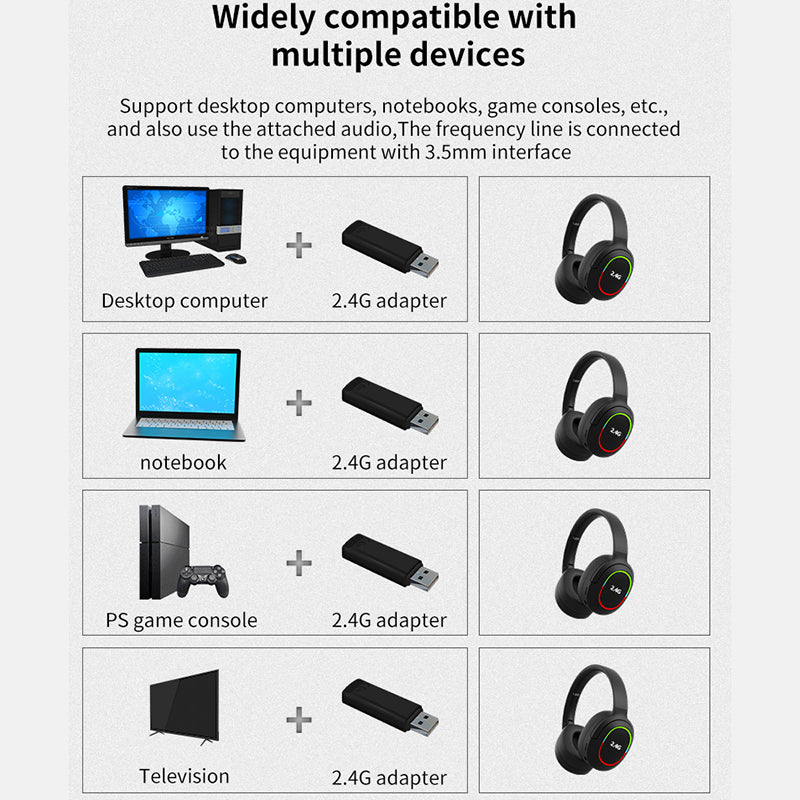L800 2.4G Wireless / Bluetooth 5.1 Over-ear Headset LED Light Low Latency E-sports Gaming Headphone