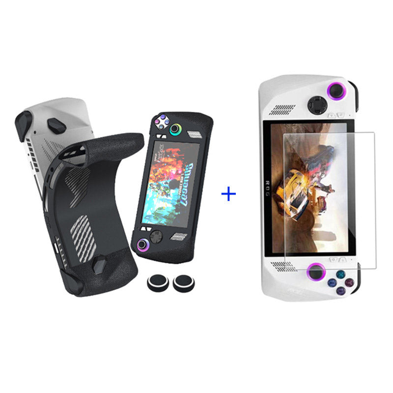 For ASUS ROG Ally Game Controller Protector Set, Tempered Glass Screen Film + Silicone Protective Sleeve + Thumb Stick Grip Cap Case