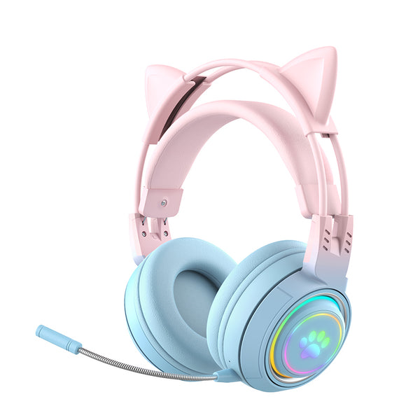 T25 Cute Cat Ears Headphones RGB Lighting Bluetooth Wireless Headset with  Detachable Mic