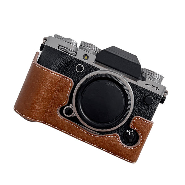 For Fujifilm X-T5 Buffalo Texture PU Leather Camera Bottom Case Flannel Lining Half Body Protective Cover with Battery Opening