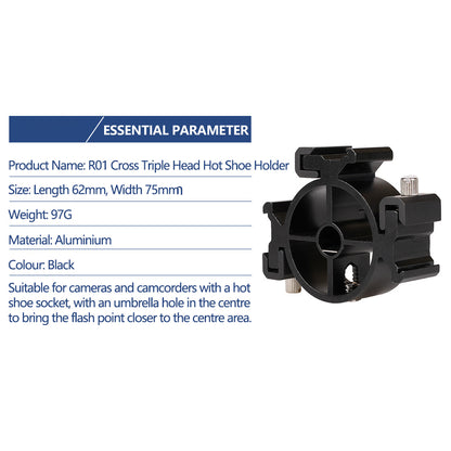 E042 R01 3-Head Hot Shoe Bracket for DSLR Camera Flash Hot Shoe Mount Holder with Umbrella Hole