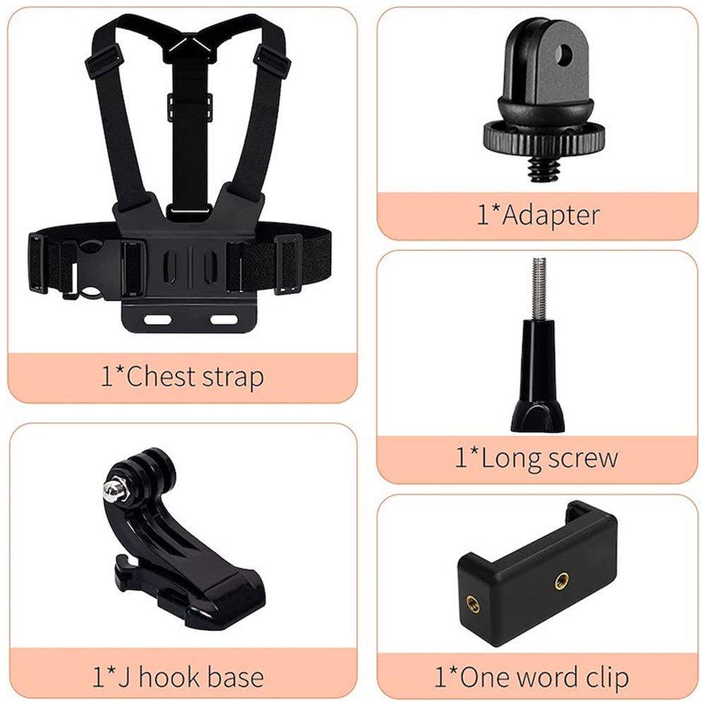 For GoPro Hero 11 / 10 / 9 / 8 / 7 / 6 / 5 / 4 / 3+ Chest Strap Belt 5-in-1 Body Harness Mount Set with 1 / 4 Adapter, Clip, Long Screw