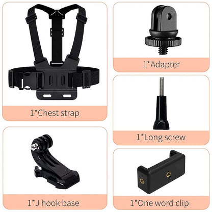 For GoPro Hero 11 / 10 / 9 / 8 / 7 / 6 / 5 / 4 / 3+ Chest Strap Belt 5-in-1 Body Harness Mount Set with 1 / 4 Adapter, Clip, Long Screw