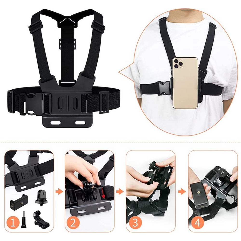 For GoPro Hero 11 / 10 / 9 / 8 / 7 / 6 / 5 / 4 / 3+ Chest Strap Belt 5-in-1 Body Harness Mount Set with 1 / 4 Adapter, Clip, Long Screw