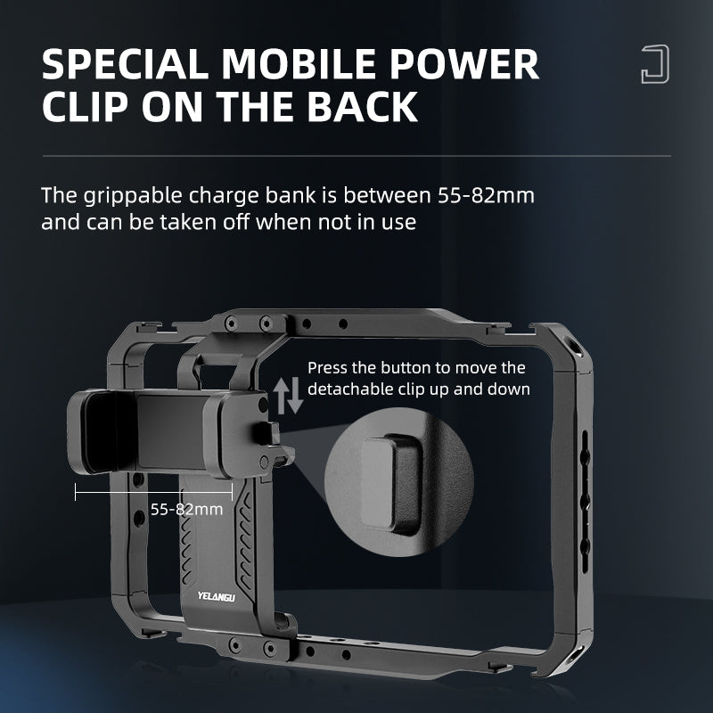 YELANGU LW-B01A Aluminum Alloy Phone Cage Rig Wooden Handle Phone Video Stabilizer Grip with Power Bank Clip