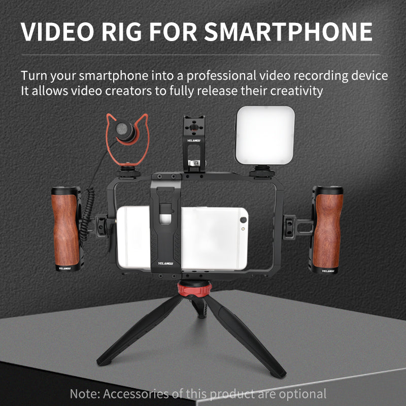 YELANGU LW-B01A Aluminum Alloy Phone Cage Rig Wooden Handle Phone Video Stabilizer Grip with Power Bank Clip