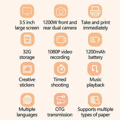 P1S HD Kids Camera 3.5-inch Inkless Print Camera 1080P Portable Cute Mini Camera Support MP3