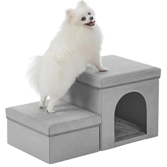 Foldable Pet Stairs Steps for Beds Sofas Linen Fabric Two Tier Dog House Storage Boxes