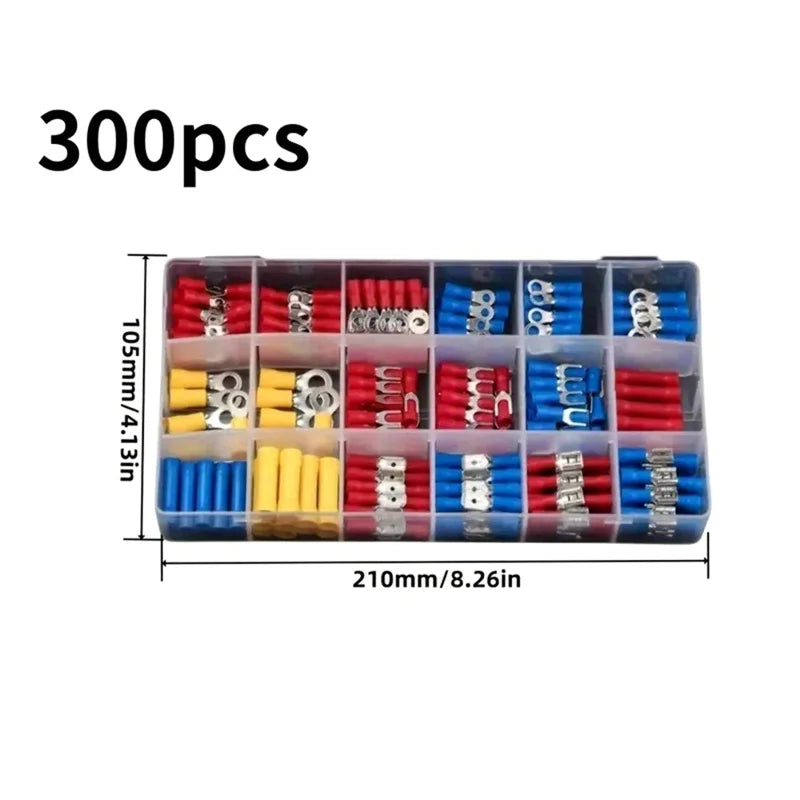 300Pcs Insulated Ring Terminals Assorted Kit Cold Press Electrical Wire Crimp Connectors