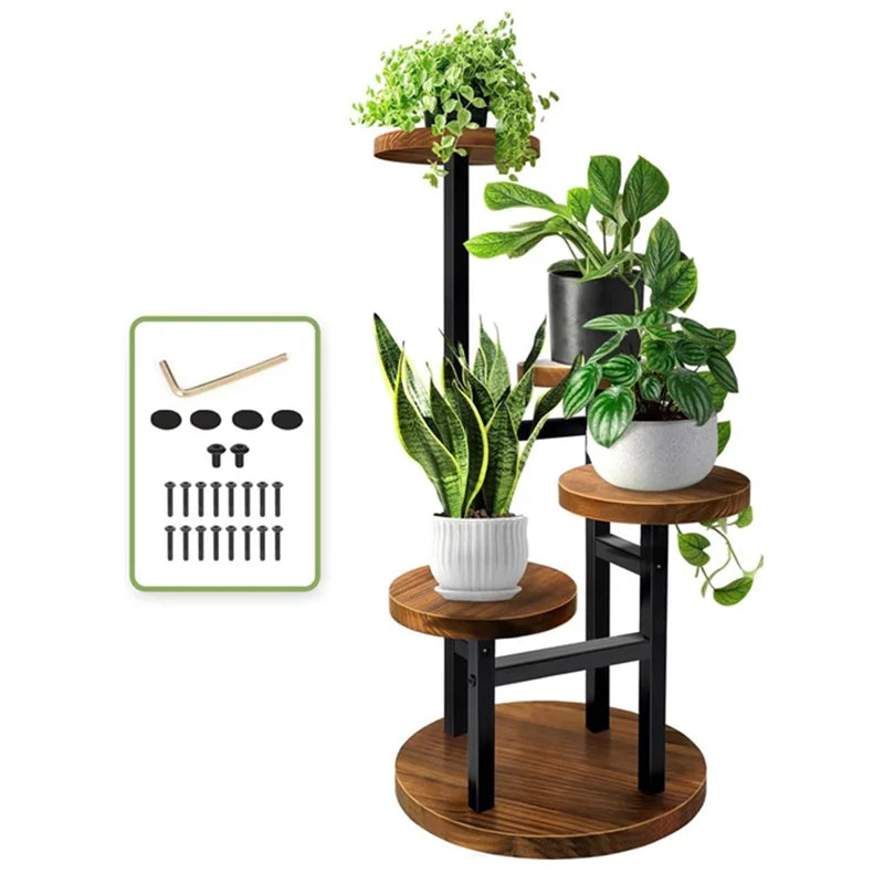 Four-Tier Plant Stand Wood+Metal Living Room Balcony Succulent Flower Pot Holder Display Rack