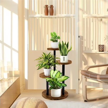Four-Tier Plant Stand Wood+Metal Living Room Balcony Succulent Flower Pot Holder Display Rack