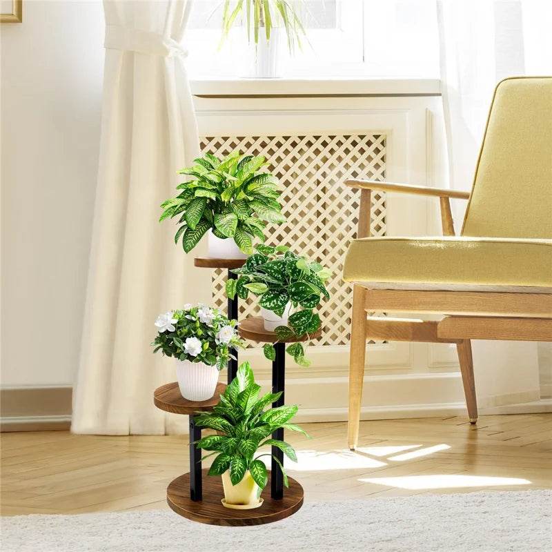 Four-Tier Plant Stand Wood+Metal Living Room Balcony Succulent Flower Pot Holder Display Rack