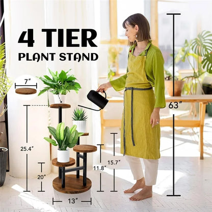 Four-Tier Plant Stand Wood+Metal Living Room Balcony Succulent Flower Pot Holder Display Rack