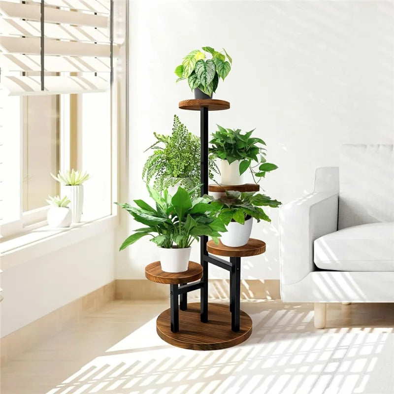 Four-Tier Plant Stand Wood+Metal Living Room Balcony Succulent Flower Pot Holder Display Rack