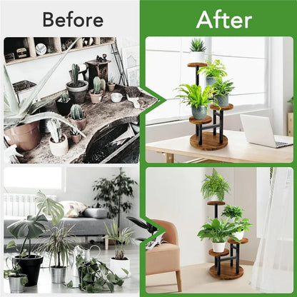 Four-Tier Plant Stand Wood+Metal Living Room Balcony Succulent Flower Pot Holder Display Rack