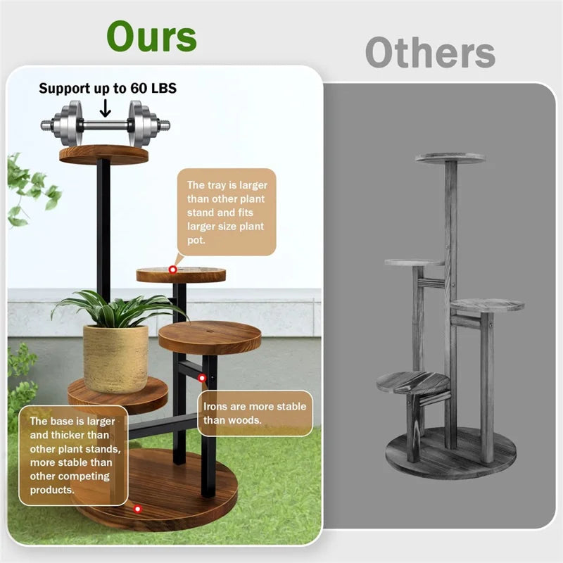 Four-Tier Plant Stand Wood+Metal Living Room Balcony Succulent Flower Pot Holder Display Rack