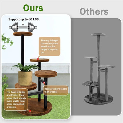 Four-Tier Plant Stand Wood+Metal Living Room Balcony Succulent Flower Pot Holder Display Rack