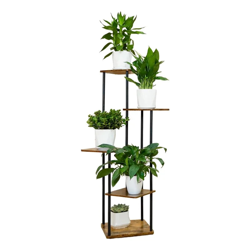 Indoor Iron Frame Wooden Flower Pot Rack Living Room Balcony Flower Plant Holder Floor Stand