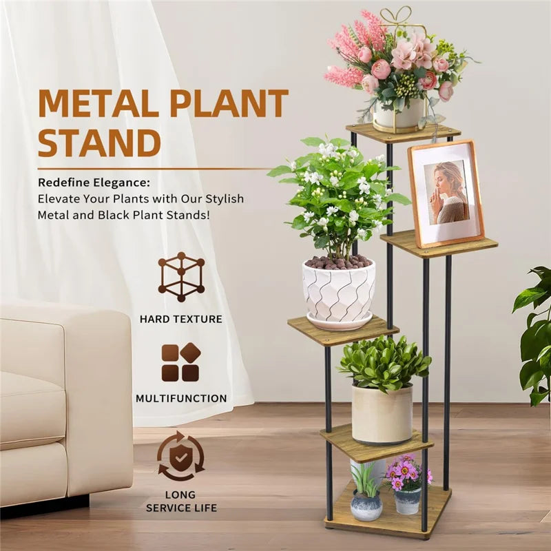 Indoor Iron Frame Wooden Flower Pot Rack Living Room Balcony Flower Plant Holder Floor Stand