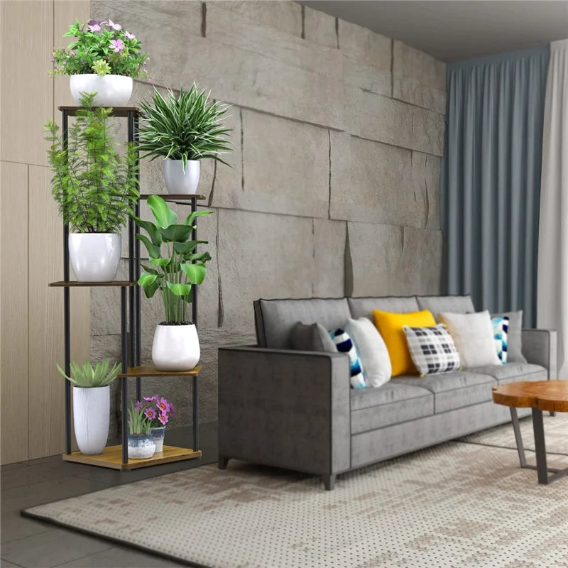 Indoor Iron Frame Wooden Flower Pot Rack Living Room Balcony Flower Plant Holder Floor Stand