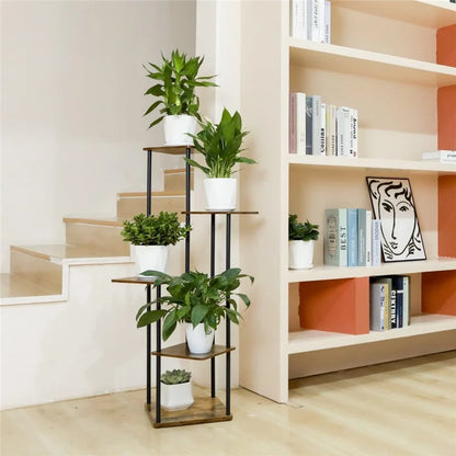 Indoor Iron Frame Wooden Flower Pot Rack Living Room Balcony Flower Plant Holder Floor Stand