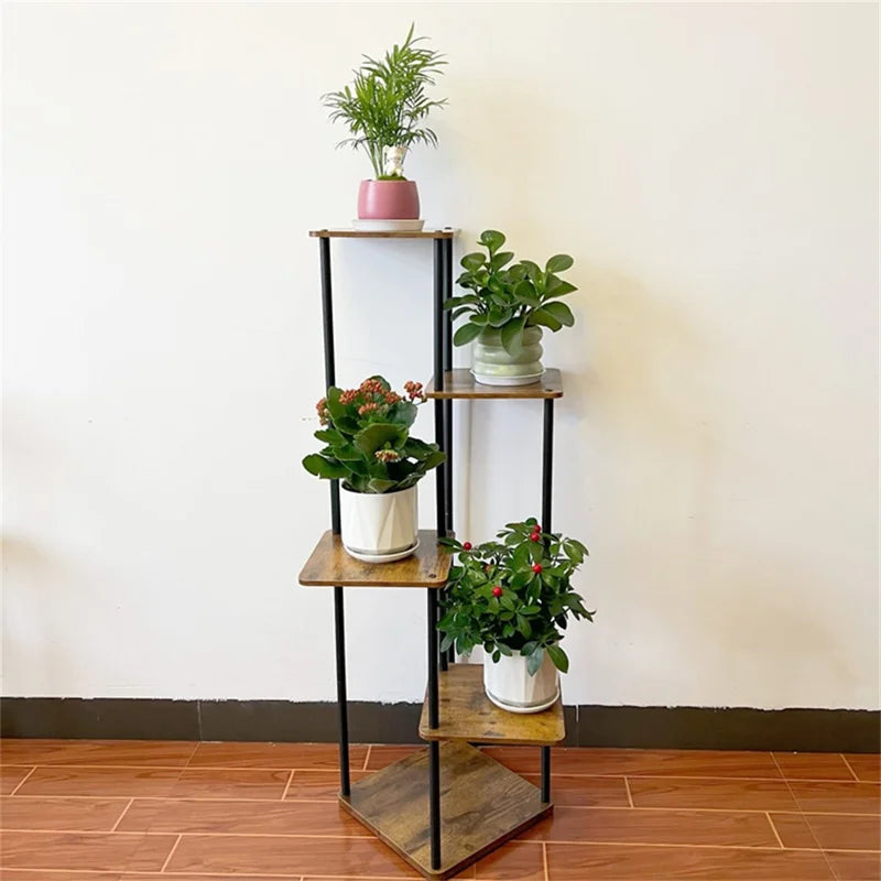 Indoor Iron Frame Wooden Flower Pot Rack Living Room Balcony Flower Plant Holder Floor Stand