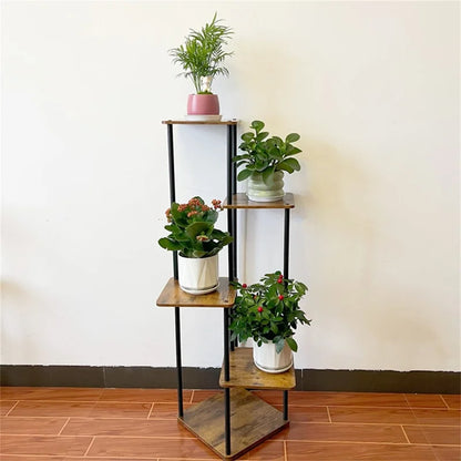 Indoor Iron Frame Wooden Flower Pot Rack Living Room Balcony Flower Plant Holder Floor Stand