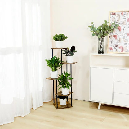 Indoor Iron Frame Wooden Flower Pot Rack Living Room Balcony Flower Plant Holder Floor Stand