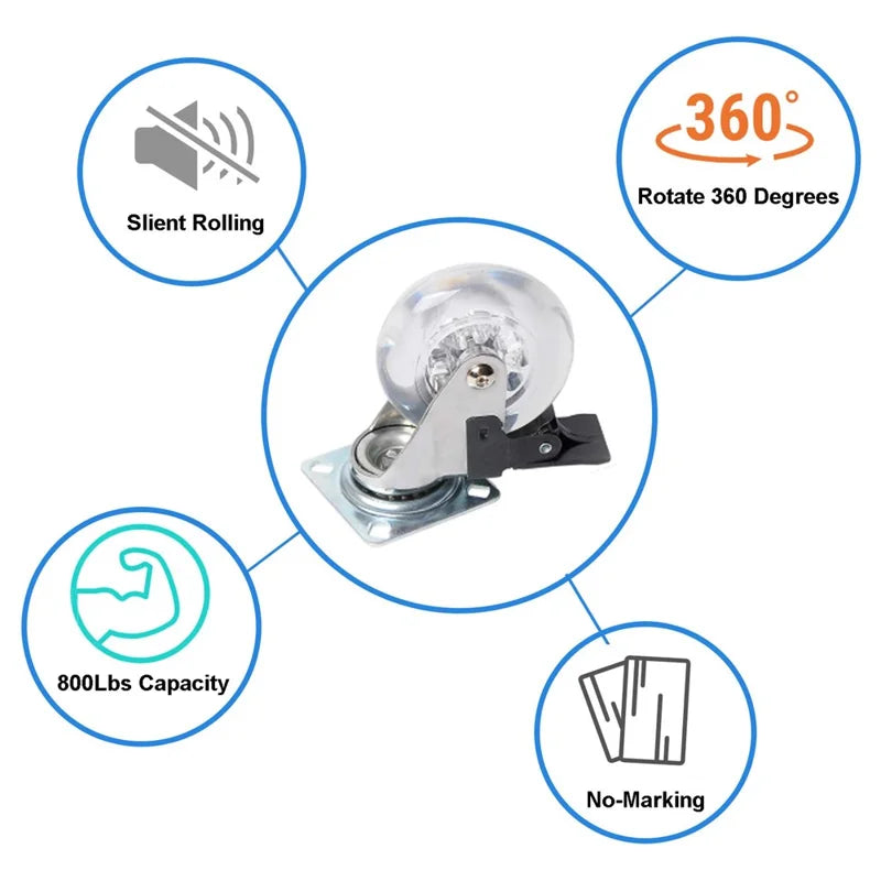 4Pcs 2-inch Crystal Clear Caster Universal Replacement Furniture Wheels with Brake