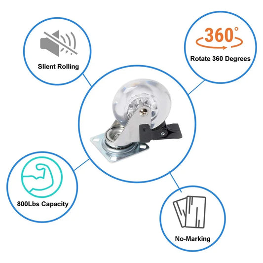 4Pcs 2-inch Crystal Clear Caster Universal Replacement Furniture Wheels with Brake