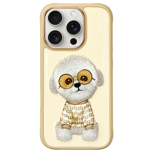NIMMY for iPhone 16 Pro Case Embroidery PU Leather+PC+TPU Phone Cover - Yellow Teddy Dog