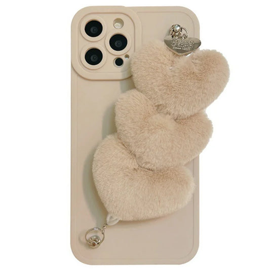 For iPhone 15 Pro Case Fluffy Heart Wristband TPU Phone Cover